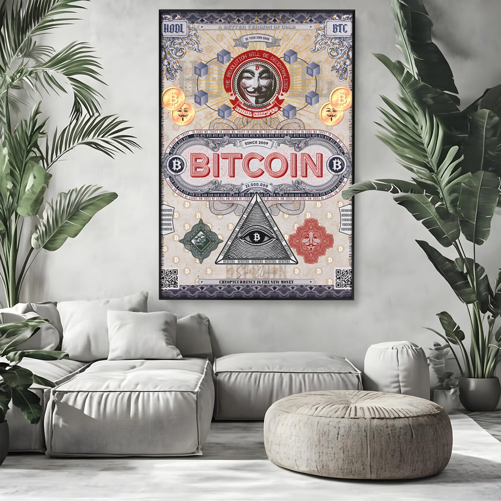 Tablou canvas cu ilustratie digitala cu tema bitcoin si criptomonede, in rama de aluminiu negru, pe perete intr-un living